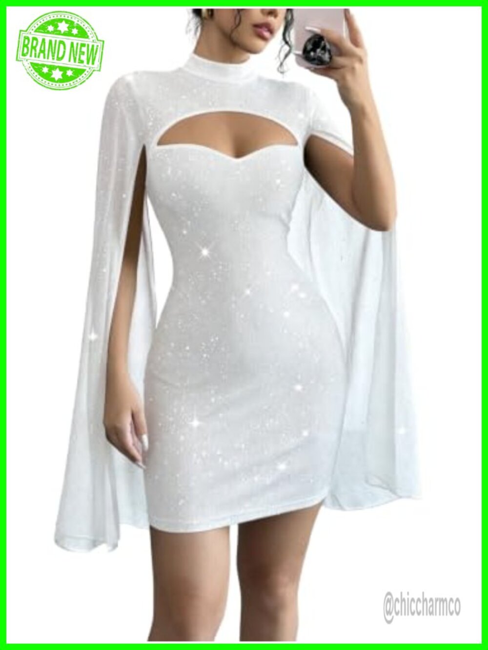 Sequin Cocktail Dress Cape Sleeve Mock Neck Glitter Mini